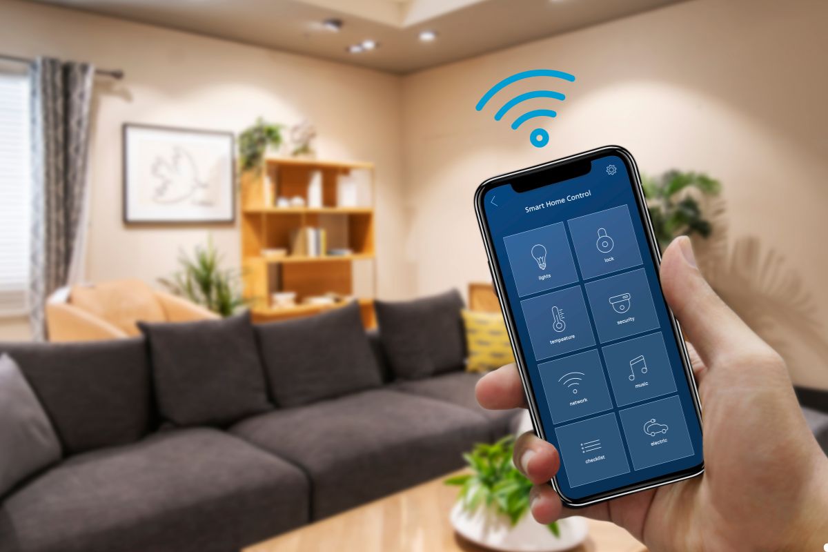Contemporary living room showcasing smart home features such as automated lighting, a smart TV, and a connected thermostat.