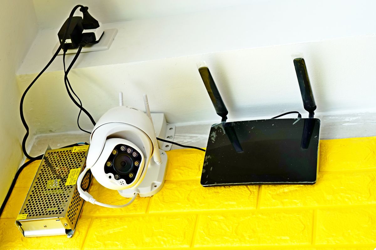 On a yellow brick wall, a white router and a wireless router are prominently positioned, showcasing a blend of color and technology.